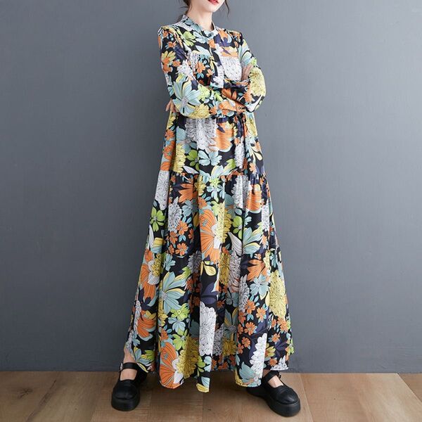 個性派 総柄 花柄 マキシ丈ワンピース ティアード ボタニカル 体型カバー イエロー