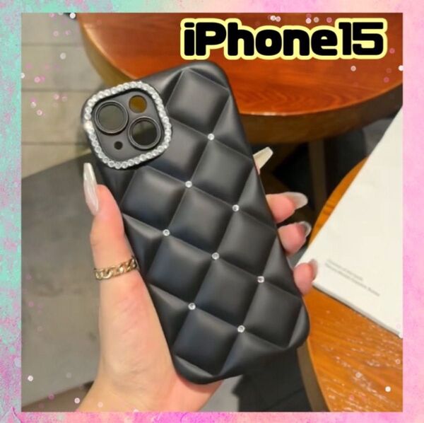iPhone15 スマホケース 黒 ブラック iPhoneケース キルティング ケース iPhone