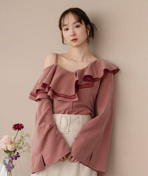 mideal マイディール frill one shoulder tops / フリルワンショルダートップス 【ピンク】free