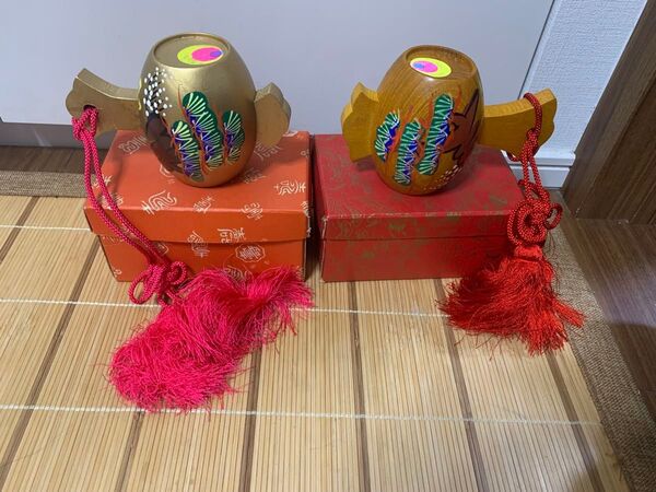 未使用 木製小槌 松竹梅・鶴亀・金色 打出の小槌 民芸品 縁起物 伝統工芸 郷土玩具