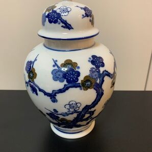 青白陶器蓋付壷 茶壺 お茶入れ 飾り壺 ジンジャーポット アンティーク風 USA雑貨