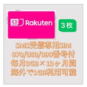 【3枚セット】楽天 月3GB高速データSMS受信認証可 N+12ヶ月