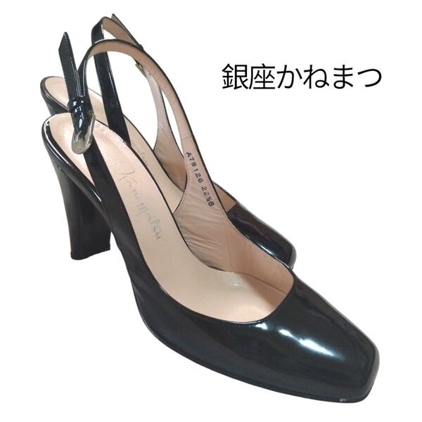 銀座かねまつ バックストラップパンプス スクエアトゥ ハイヒール エナメル