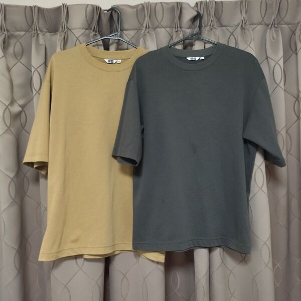 【2枚セット】ユニクロU エアリズムコットンオーバーサイズTシャツ/5分袖 グレーブラウン系 Lサイズ クルーネック カットソー