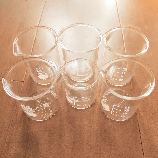 ガラスビーカー6個セット【50ml×5個、30ml×1個】中古/HARIO・IWAKI PYREX 日本製