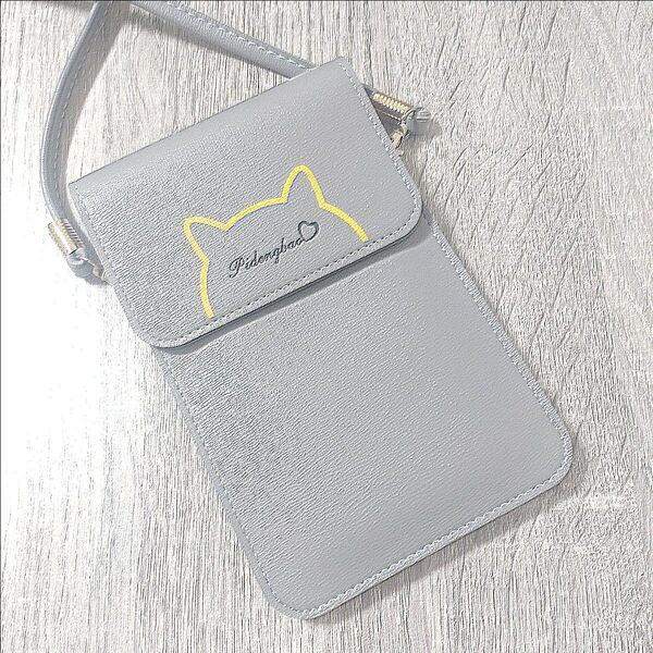 ショルダーバッグ パスケース 猫 ねこ スマホショルダー 財布 スマホポーチ 斜め掛け グレー
