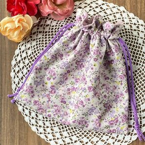 巾着袋 ハンドメイド プチフラワー パープル