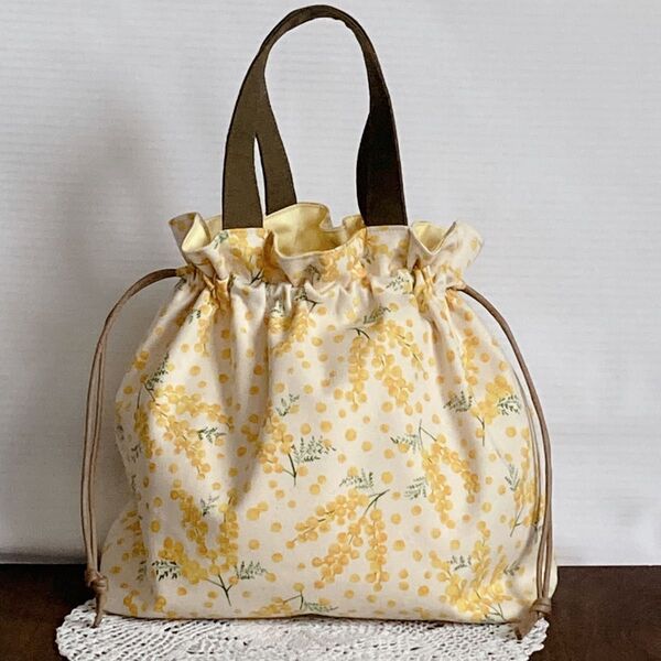 巾着バッグ 巾着トートバッグ ハンドメイド ミモザ 生成り