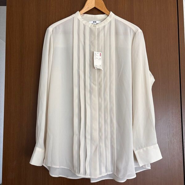 【新品タグ付】ユニクロジョーゼットピンタックブラウス ノーカラー XL