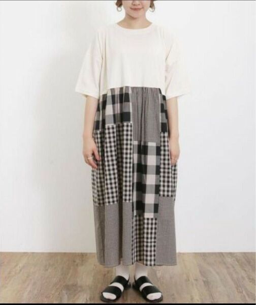 美品 サマンサモスモス 接触冷感 パッチワークドッキングワンピース SM2 半袖ワンピース samansa mos2
