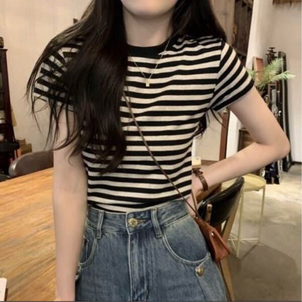 骨格ナチュラル半袖ボーダーTシャツトップス 春 夏 Lサイズ 韓国 レディース 半袖 半袖カットソー カットソー