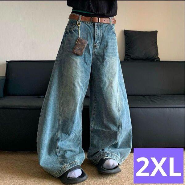 ワイドバギーデニム menes jaded london 地底人 ブルー 2XL デニムパンツ ジーンズ ワイドパンツ ジーパン