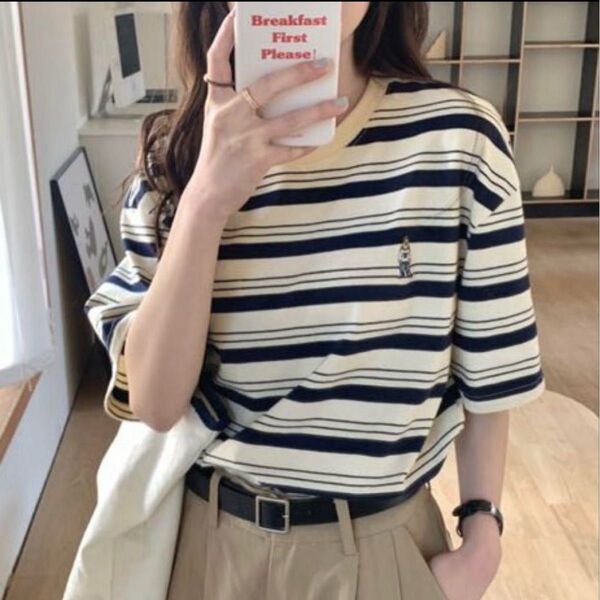 ビッグシルエットマルチボーダー Tシャツ トップス ネイビーアイボリー 韓国 夏 カットソー Tシャツ ボーダー 洗える