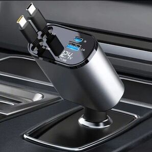 車載充電器、シガーソケット、デュアル タイプ-C、コード長さ約80cm USB ポート、タイプCポート搭載 コードリールタイプ