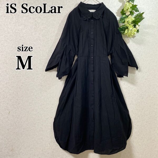 iS ScoLar イズスカラー シャツワンピース レース襟 リス 花 蝶 刺繍 フラワー デザイン袖 タック リボンヒモ 黒 M