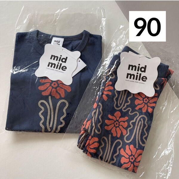 しまむら むくぞー mid mile ミッドマイル お花 刺繍 Tシャツ トップス レギンス ボトムス ネイビー 90cm