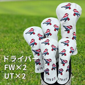 【星条旗バード柄】BIRDIE ゴルフヘッドカバー 5点セット(ドライバー1本/FW2本/UT2本) 刺繍入り USAデザイン
