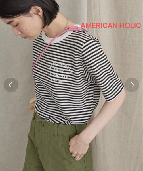 アメリカンホリック AMERICANHOLIC ボーダー半袖カットソー L バックロゴTシャツ