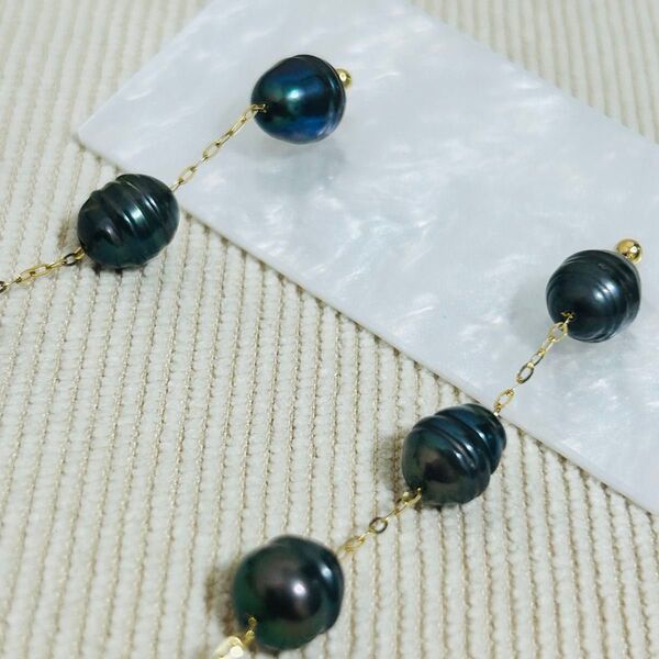 ピアス K18 刻印入り タヒチ タヒチパール 真珠 黒蝶真珠 パール ロングピアス 天然 ブラックパール