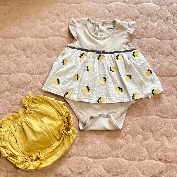 プティマイン レモン柄 ロンパース カバーオール ブルマ ショートパンツ ベビー服 半袖 ノースリーブ 女の子 夏