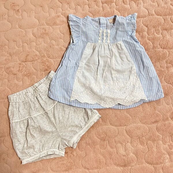 プティマイン ストライプ レース ノースリーブ 半袖 トップス チュニック ショートパンツ ブルマ 夏服 ベビー 赤ちゃん 女の子