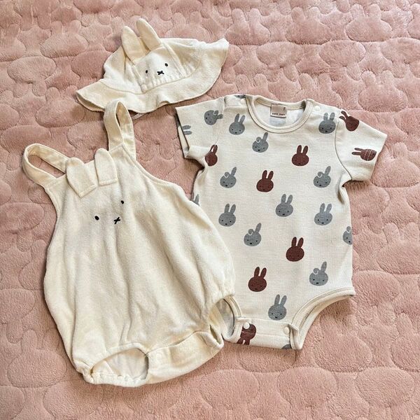 プティマイン ミッフィー 半袖 リブロンパース サロペット 耳付き 帽子 うさぎ 女の子 男の子 夏服 ベビー 赤ちゃん