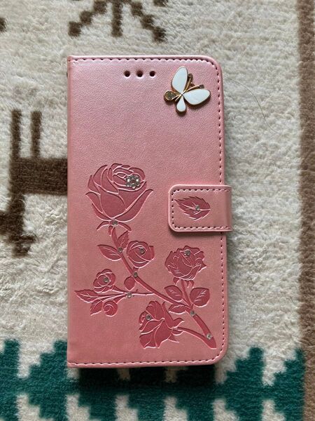 手帳型スマホケース ピンク バラ ラインストーン