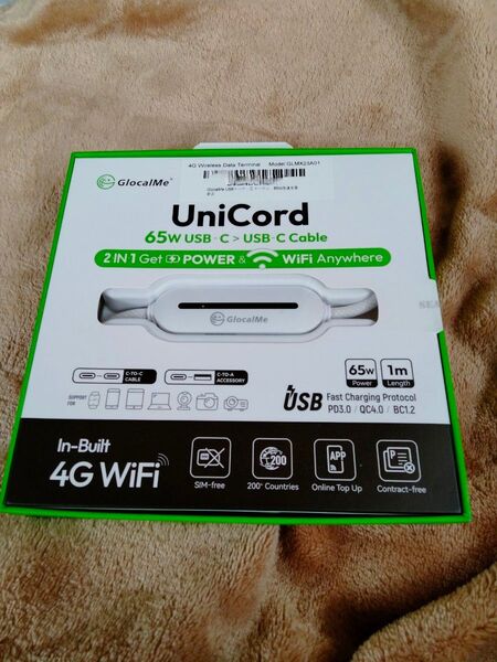 新品未使用 旅行や出張に最適!GlocalMe UniCord 65W 充電ケーブル & 4G WiFi