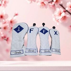 ゴルフクラブヘッドカバー 4点セット Birdie 刺繍入り 白