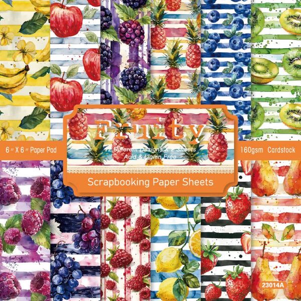 【ラスト1点】FRUITY 24枚 デザインペーパー 苺 葡萄 レモン フルーツ 果物 デザート 装飾 背景 コラージュ