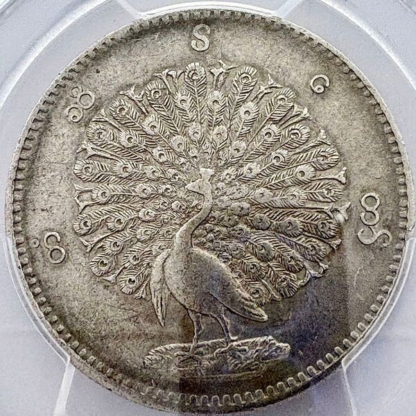 希少 CS 1214 (1852) ビルマ 現ミャンマー チャット Kyat 銀貨 PCGS AU Detail 孔雀 くじゃく