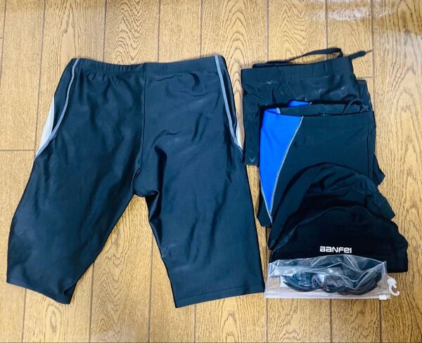 水着まとめ売り キャップ ゴーグル 競泳水着 ブラック スイムウェア パンツ プール ダイエット 男性 水泳 初心者セット ジム