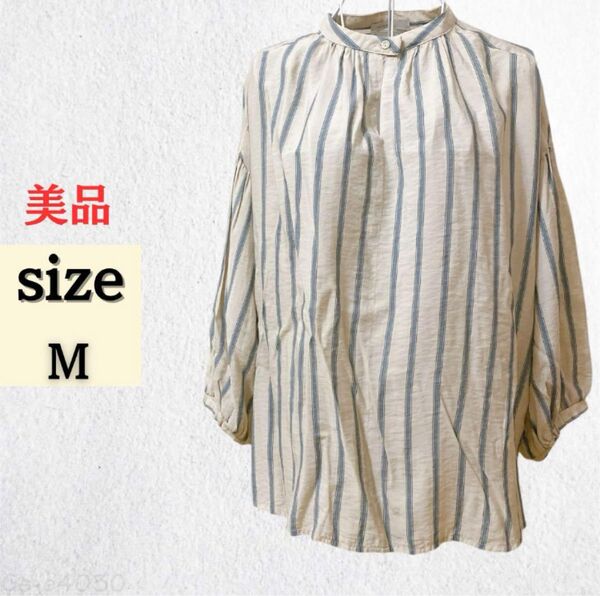 ★美品★ ブラウス 七分袖 長袖 ストライプ シャツ M レディース トップス 夏 秋 プルオーバー バンドカラー