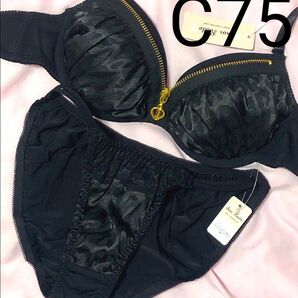 短期出品 C75 モノトーンレオパードジッパーラインブラジャー&フルバックショーツ 黒 ギャル おしゃれ 豪華