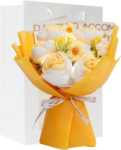 編み 造花 花束 LEDライト付き ぬいぐるみ花束 毛糸のブーケ 薔薇造花