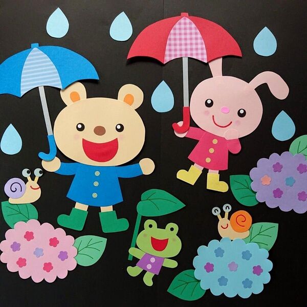★壁面飾り★大きめ★雨ふりあじさい★6月・7月【梅雨・あじさい・かたつむり・傘】★壁飾り★幼稚園★保育園★学校★病院★施設★塾