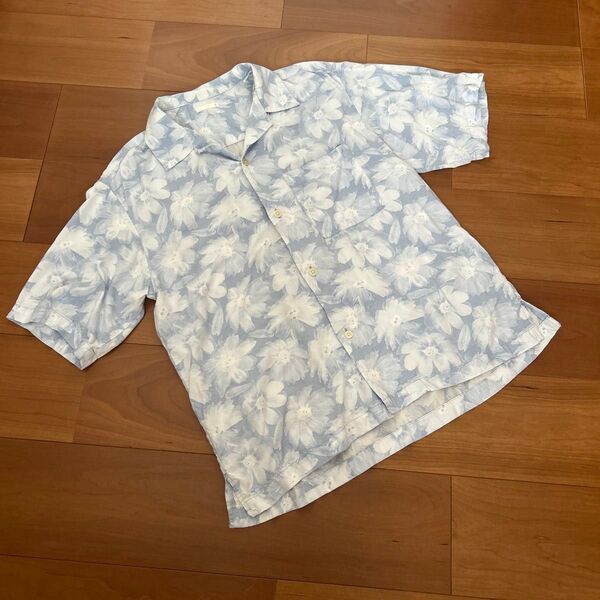 GU ジーユー メンズトップス 半袖柄シャツ オープンシャツ 花柄 ブルー系 M