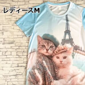 【新品】自撮りニャンズ Tシャツ 猫柄 プリントTシャツ 半袖Tシャツ 猫 ブルー