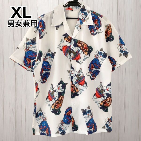 【新品】半袖シャツ XL アロハシャツ 柄シャツ 和柄 猫 ハワイアンシャツ オールド ヴィンテージ風 アロハ 猫柄