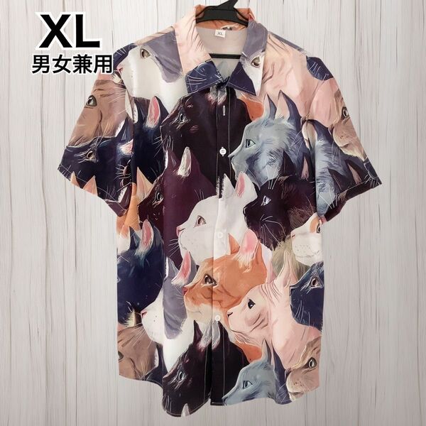 【新品】半袖シャツ XL アロハシャツ 猫柄 横顔 ハワイアン 柄シャツ レトロ 猫 アメカジ かりゆし