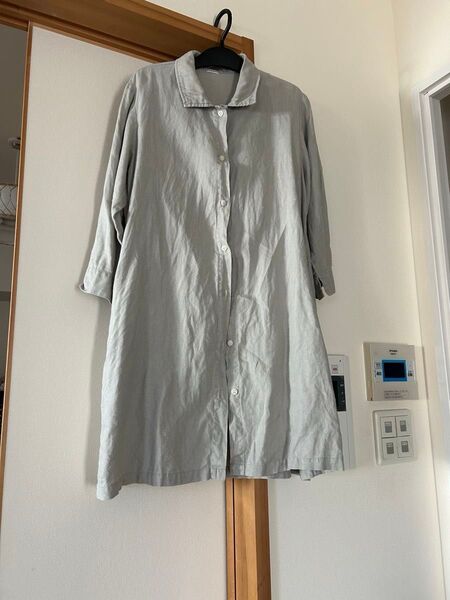 麻リネンシャツワンピース グレー