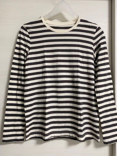 無印良品 天竺編み長袖Tシャツ婦人M・ダークグレーストライプ
