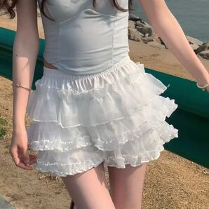 ホワイト 3段 フリル キュロット ロリータ 白 パニエ チュチュ かわいい