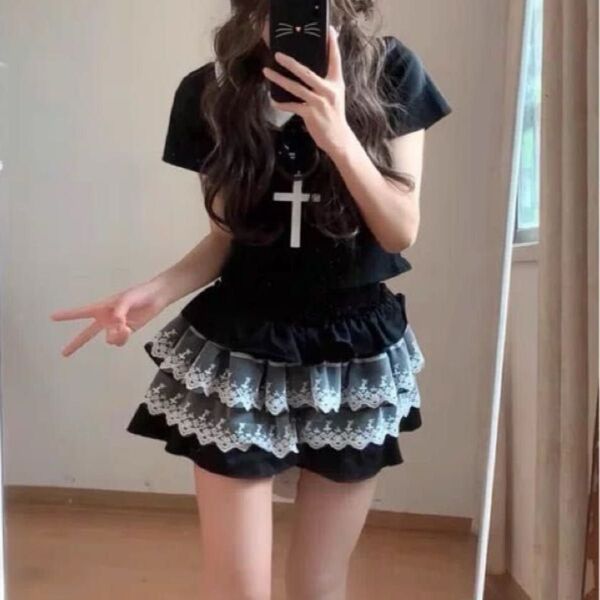 地雷系 レース ショートパンツ キュロット サブカル 黒 ブラック ゴシック