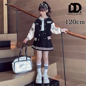 【新品】スタジャン×プリーツスカート セットアップ 120cm ホワイト キッズ スクール ファッション 女の子 ダンス