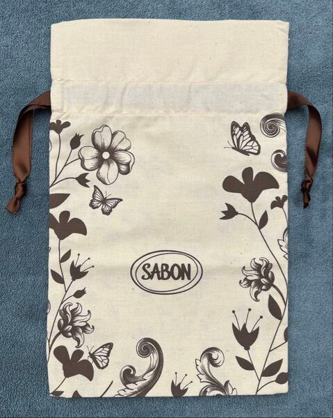 SABON サボン コットンラッピングバッグ マチあり 巾着袋 布袋 小物入 ポーチ 収納 リボン ベージュ 非売品 ノベルティL