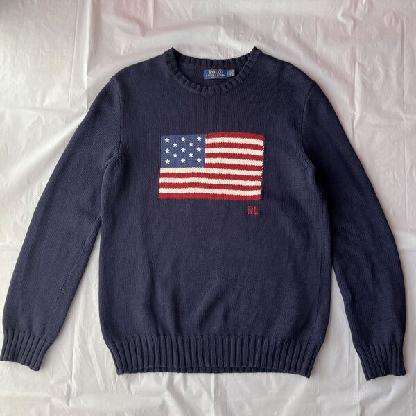ポロラルフローレン ニット 星条旗 現行 アメリカ製 コットンニット USA ネイビー メンズ POLO RALPH LAUREN