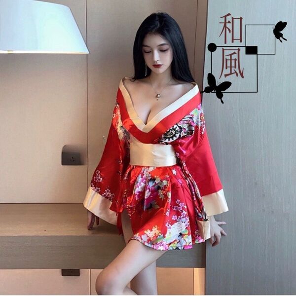 和風 和装 コスプレ セクシー 花魁 着物風 浴衣 赤 レッド 和服 セクシーランジェリー コスプレ衣装 ナイトウェア 鮮やか花柄