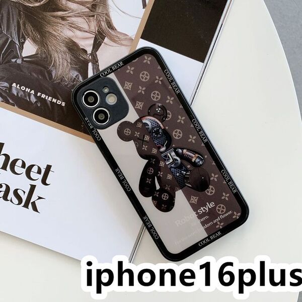 iphone16plusケース 可愛い 熊 ガラス ブラウン1