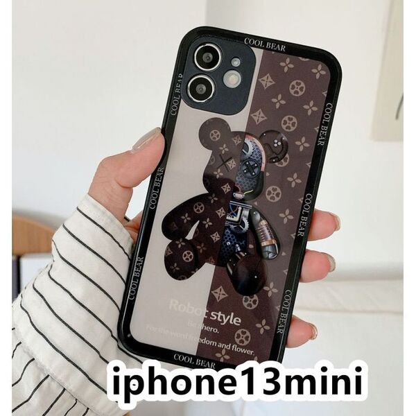 iphone13miniケース 可愛い 熊 ガラス ブラウン1